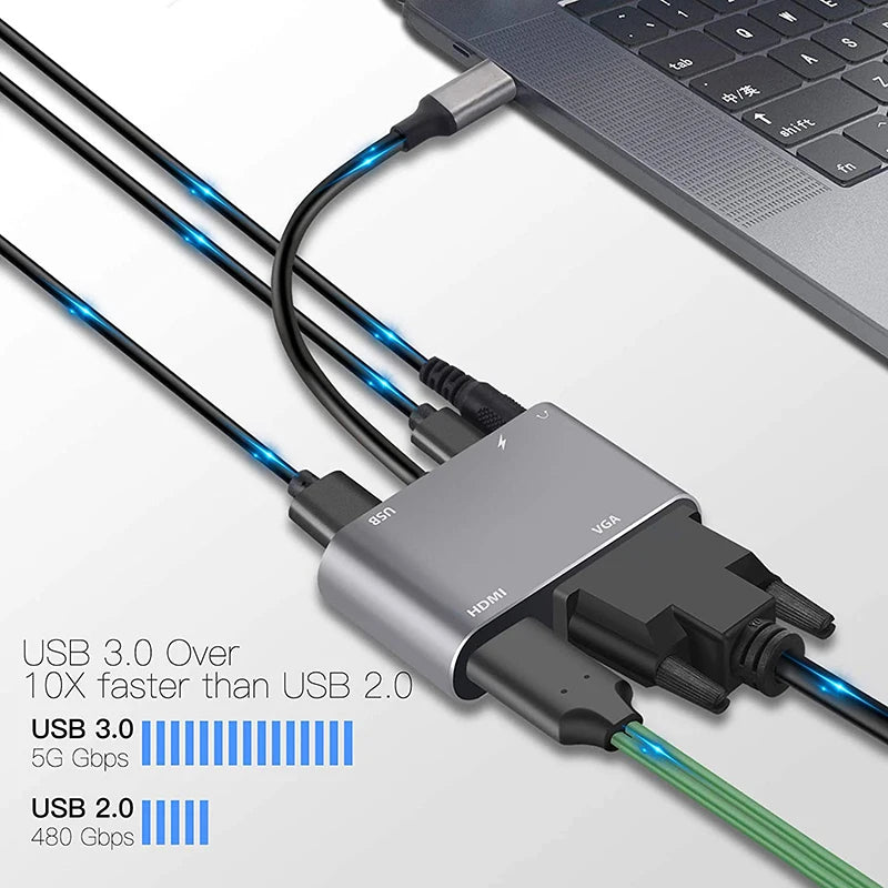 Adaptador USB Tipo C para Laptop, 4 em 1, 5 em 1, 4K Compatível-HDMI, VGA, USB 3.0