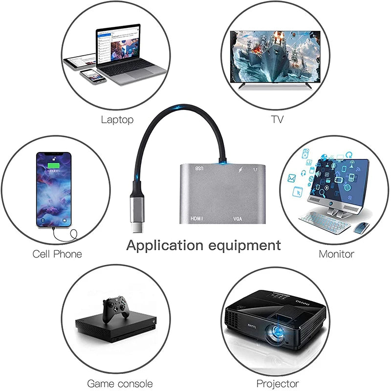 Adaptador USB Tipo C para Laptop, 4 em 1, 5 em 1, 4K Compatível-HDMI, VGA, USB 3.0