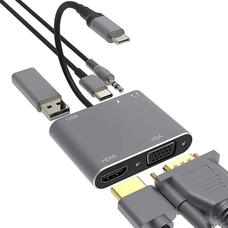 Adaptador USB Tipo C para Laptop, 4 em 1, 5 em 1, 4K Compatível-HDMI, VGA, USB 3.0