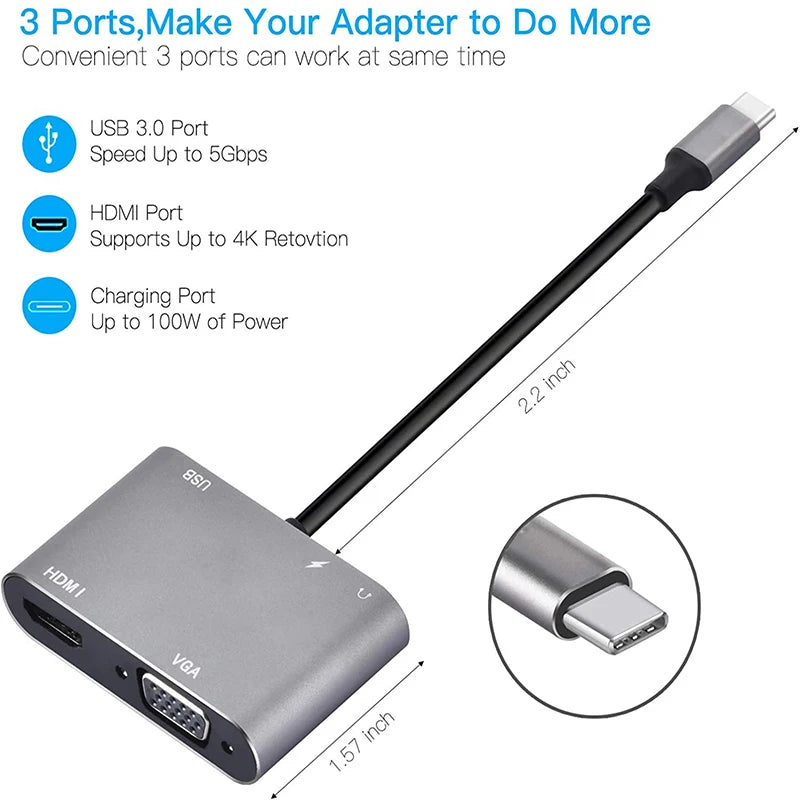 Adaptador USB Tipo C para Laptop, 4 em 1, 5 em 1, 4K Compatível-HDMI, VGA, USB 3.0